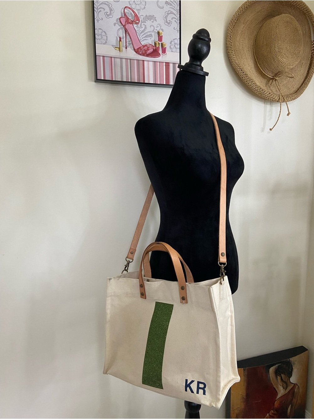 Kurt Geiger Cream Canvas Tote with Green Stripe and Tan Leather